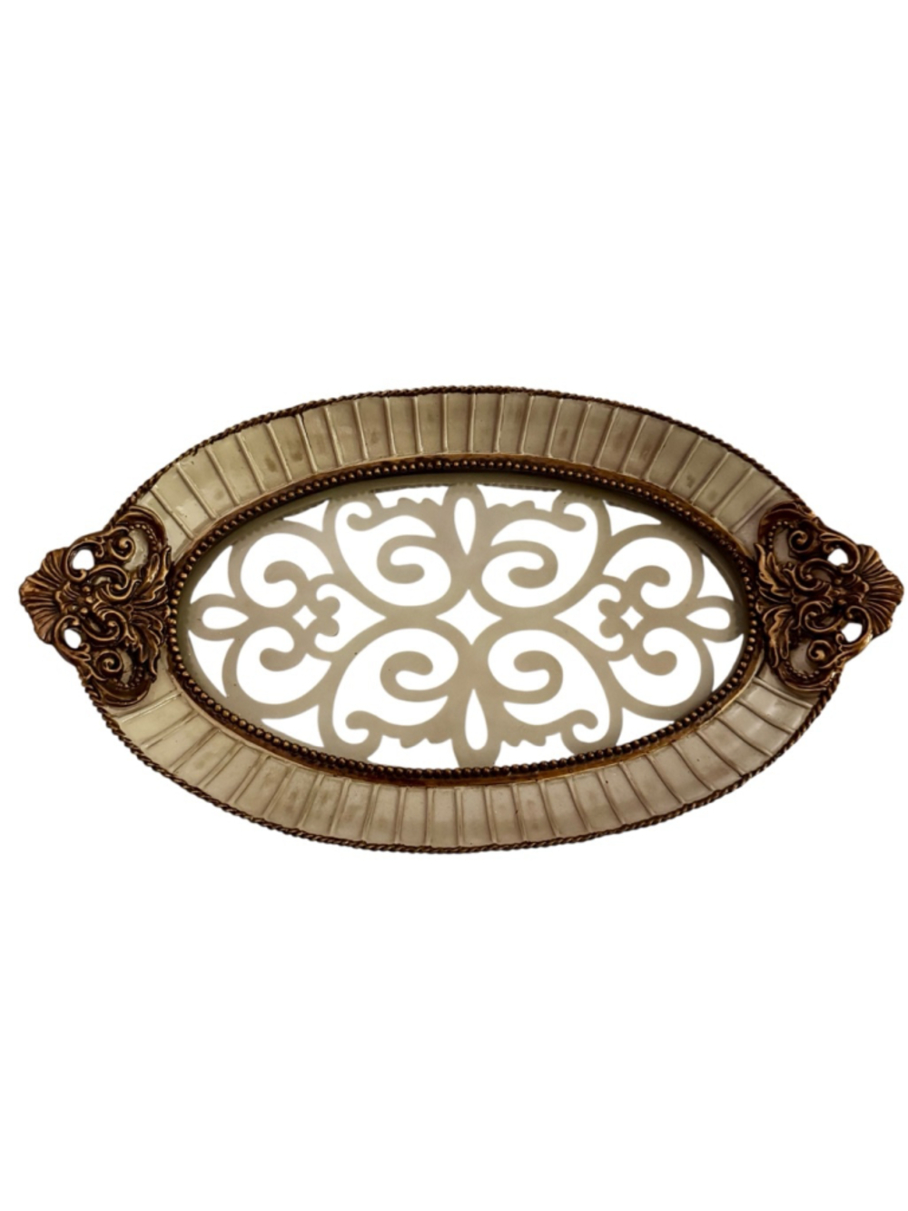 Oval Ornate Resin & Glass Decorative Vanity Dresser Tray Cream Antique Gold